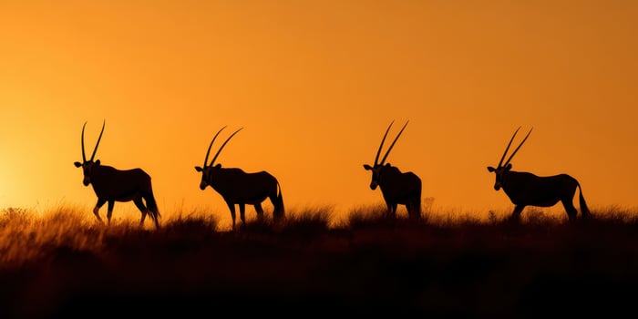 The graceful antelopes walking against a stunning sunset backdrop photo