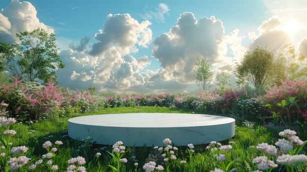 Round display platform surrounded by wildflowers in a sunny meadow under a cloudy sky photo