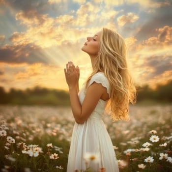 Beautiful blonde woman in white dress in field of daisies at sunset photo