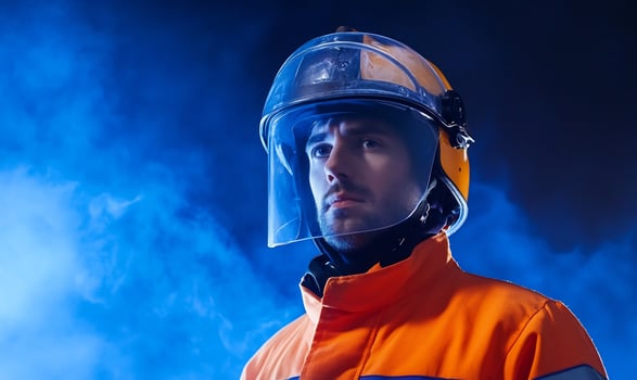 Firefighter, smoke, rescue, serious, portrait, studio, safety, emergency photo