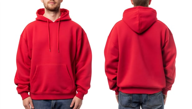 Red hoodie mockup, front and back views, isolated on white photo