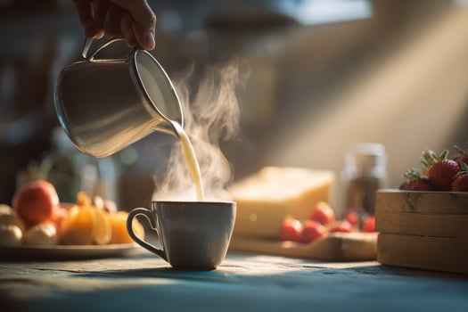A person pouring milk into a cup photo
