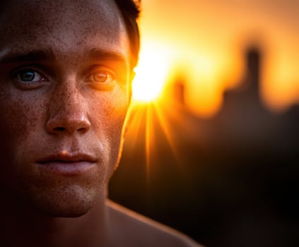 A man with freckles and a sun setting behind him photo