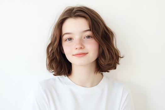 Teen girl portrait, smiling, white background, studio shot, website use photo