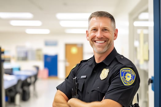 Smiling police officer hallway portrait, school background photo