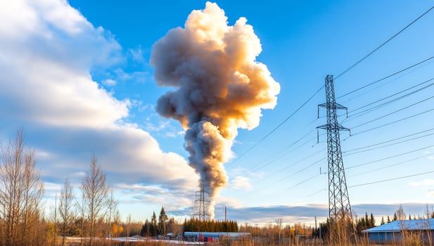 Industrial smoke plume, power lines, autumn landscape, energy production photo