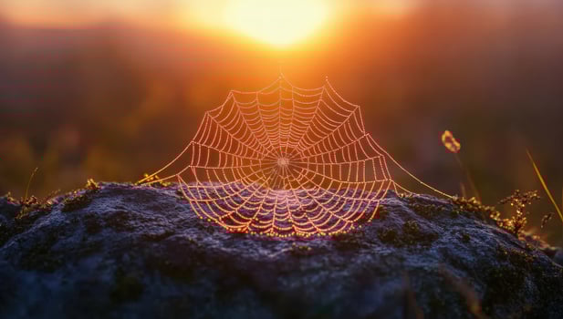 Sunlit spiderweb on stone at dawn or dusk macro nature scene photo