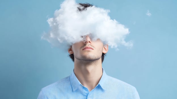 Man, cloud, eyes, obscured, thinking, blue, background, concept, stock photo