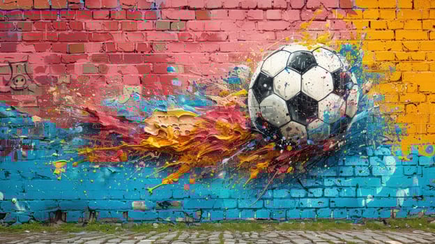 Soccer ball paint splatter on brick wall abstract urban art background photo