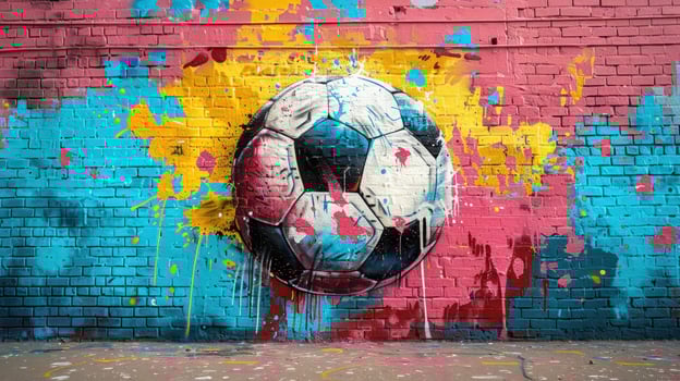 Soccer ball mural on brick wall with colorful paint splashes urban art photo