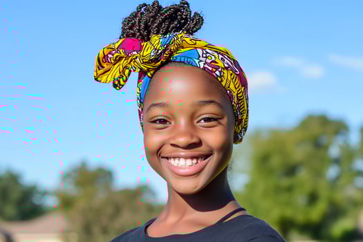Girl smiling outdoors, headwrap, sunny day photo