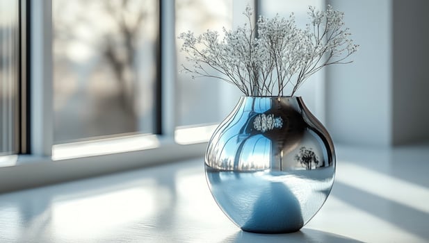Silver vase with white flowers simple indoor still life photo