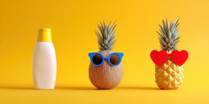 The playful pineapples wearing sunglasses and hearts on a bright backdrop. photo