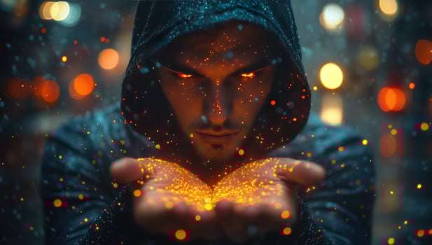 Magical hooded figure holding shimmering lights in hands fantasy concept photo