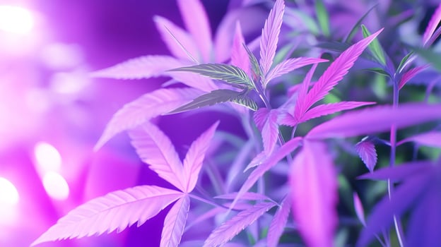 Purple cannabis plants grow lights indoor photo