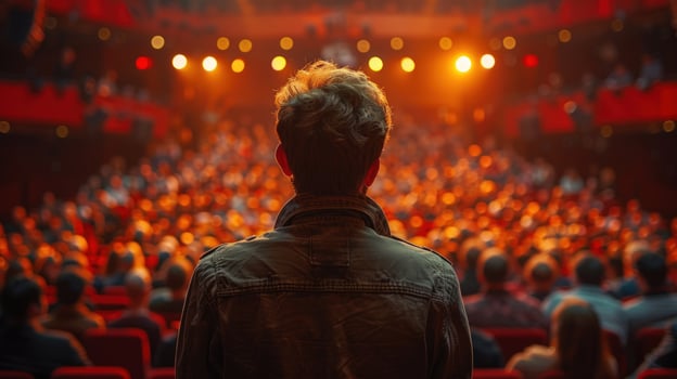 Person watching stage show with large audience in red theater photo