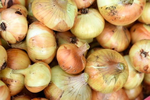 Onions and garlic in a basket on a wooden table. photo