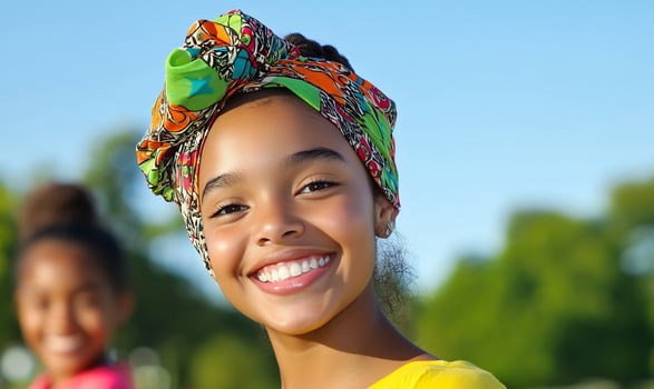 Girl smiling, park background, sunny day, headwrap photo