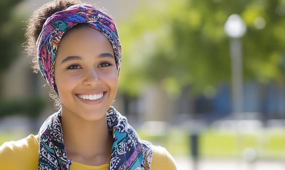Happy woman smiling outdoors, park background, portrait photo