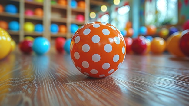 Playful orange polka dot ball resting on wooden surface photo
