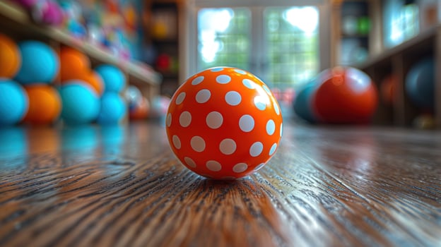 Polka dot ball on wood surface playful background photo