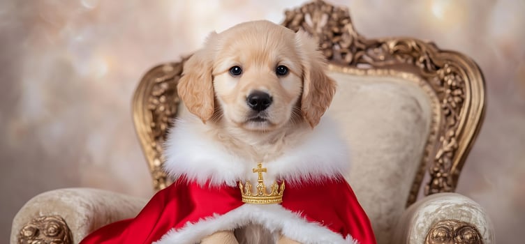 Golden Retriever puppy king throne, festive bokeh photo