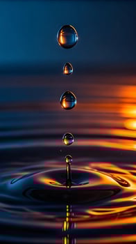 Water drops falling into colorful rippling water surface photo