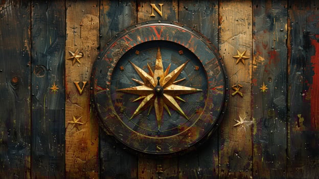 Vintage compass rose on weathered wood surface navigation exploration photo
