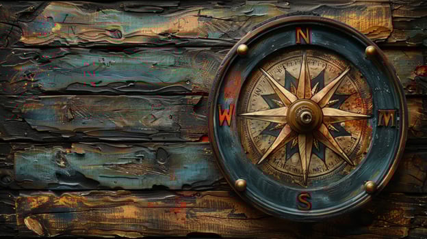 Decorative compass on textured wood background nautical adventure photo