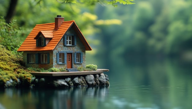 Miniature house by lake green nature landscape photo