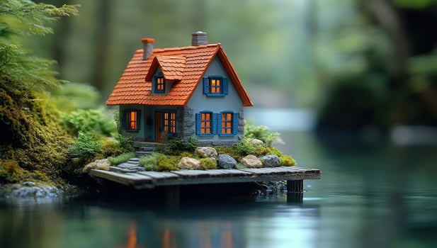 Miniature house on water platform nature environment photo
