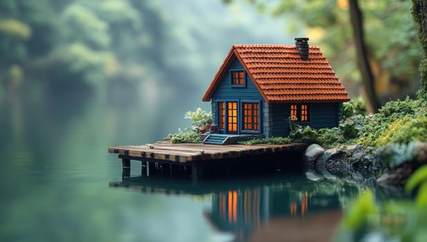 Lakeside cottage on wooden dock reflecting in still water surrounded by lush green nature photo