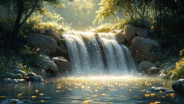 Picturesque waterfall scenery with sunlight and lush green environment photo