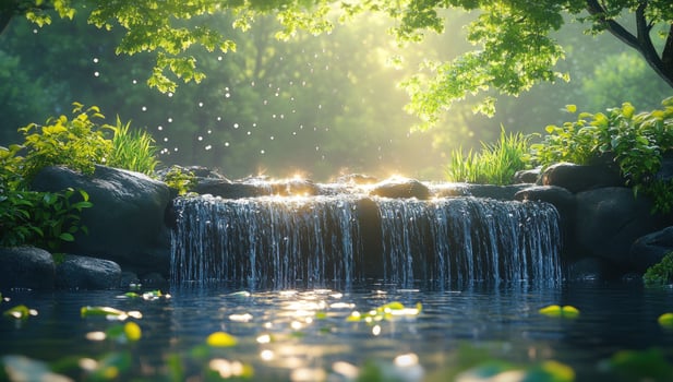 Peaceful waterfall scene in lush green nature environment photo