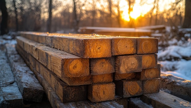 Stack of cut lumber in winter sunlight wood texture construction material background photo