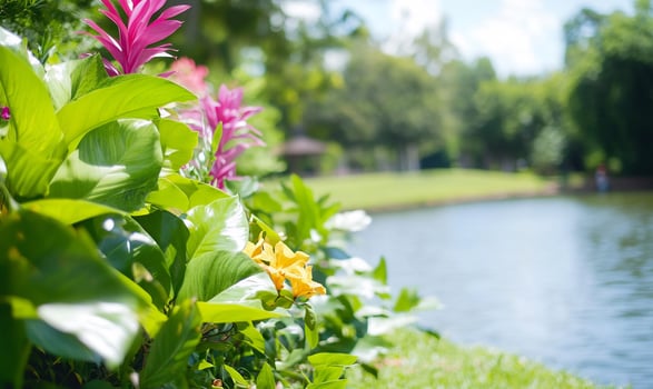 Tropical garden pondside plants sunny day photo