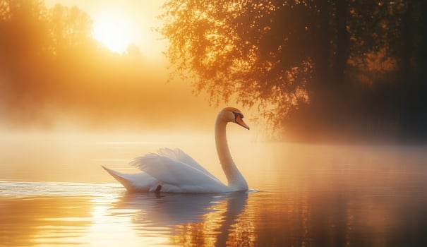 Swan in golden light serene water bird in misty lake at dawn or dusk photo