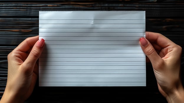 Hands hold blank lined paper sheet for writing notes or message on dark wooden table top view photo