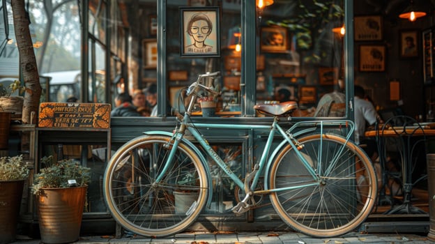 Vintage bicycle parked outside a european style cafe shop photo