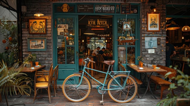 Bicycle parked outside building inviting outdoor cafe seating photo