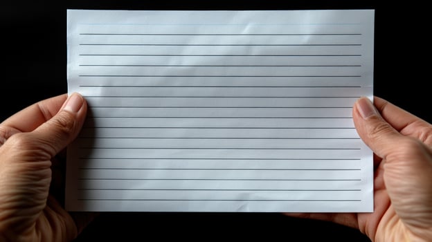 Hands holding lined paper sheet for notes or message against dark background photo