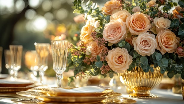 Elegant table setting with floral centerpiece for dining occasion photo
