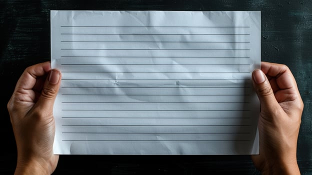 Hands holding lined paper sheet for writing notes or business reports photo