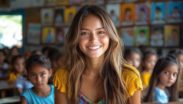 Smiling teacher and students in classroom educational environment photo