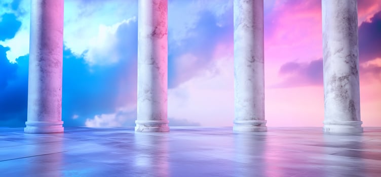 Marble columns, sunset sky, reflective floor, ethereal photo