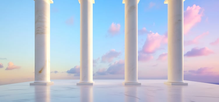 Marble columns, sunset sky, peaceful view photo