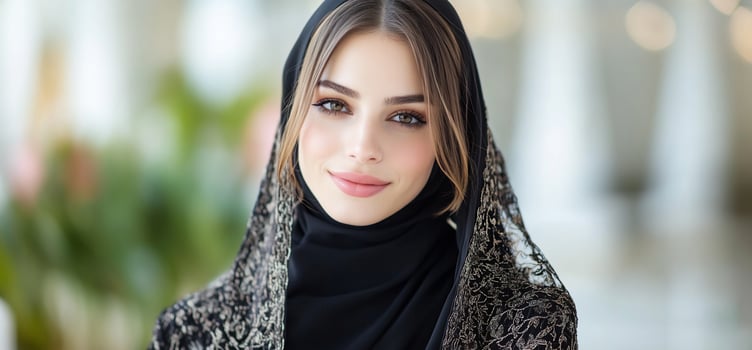 Woman in hijab smiles, indoor photo
