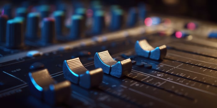 The audio mixer with faders and colorful lights in a professional studio setting. photo