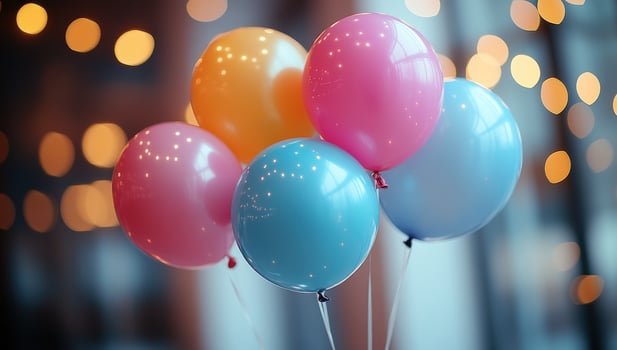 Festive balloons grouped against bokeh light background for celebration photo