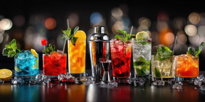 The vibrant display of colorful cocktails at a lively bar setting. photo
